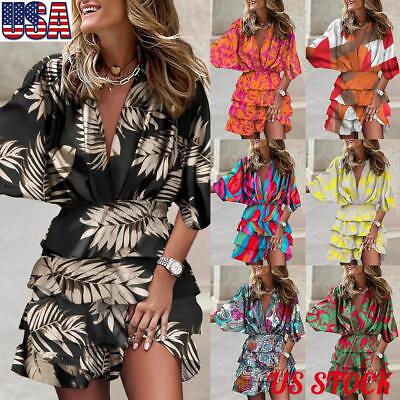 Womens Boho Floral Ruffle Mini Dress Ladies V Neck Summer Casual Beach Dress US $22.59