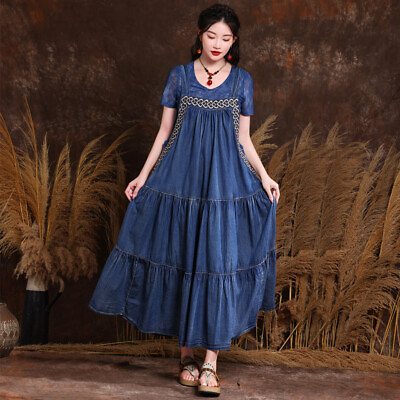 #ad New Women#x27;s Denim Dress Plus Size Embroidered Maxi Long Shirt Dresses A2365 $69.00