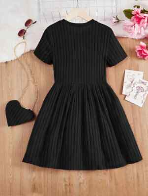 #ad Tween Girls#x27; Knitted Solid Color Round Neck Short Sleeve Bodycon Dress And Heart $21.50