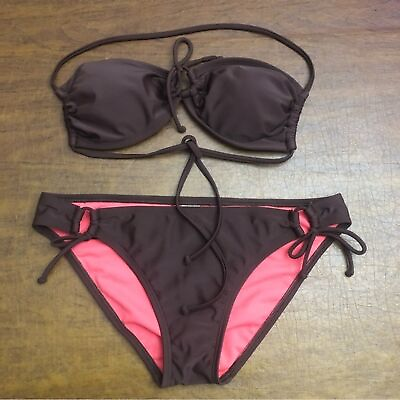 #ad The Bikini Lab Brown Two Piece Triangle Bikini Swimsuit Halter String Size L $23.90