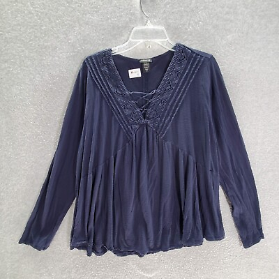 Torrid Women Top Size 2 Navy Boho Crocheted Ruffled Lace up Blouse Long Sleeve $19.91