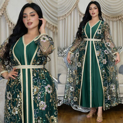 #ad #ad 2pcs Women Muslim Open Cardigan Abaya Maxi Dress Sets Islamic Long Robes Ramadan AU $76.56