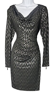 #ad CACHE Black Silver Faux Wrap Dress Long Sleeve Shiny Cocktail Women#x27;s Medium EUC $39.99