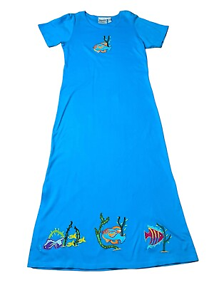#ad Michael Simon Womens Medium Blue Knit Embroidered Fish Maxi Dress Slit Hem $47.99