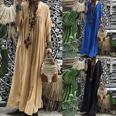 US STOCK Women Shirt Dress Kaftan V Neck Lace Crochet Long Maxi Dress Sundress $20.42