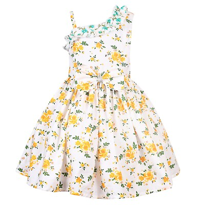 #ad Yellow Floral Printed Cotton Sleeveless Party Wear Skirt for Girls $35.99