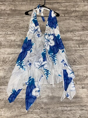 #ad Hawaiian Swim Suit Cover Dress White With Blue Flowers One Size 100% Rayon $17.98