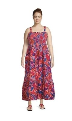 #ad Terra amp; Sky Women’s Smocked Maxi Dress Tropical Rose Plus 5X 32W 34W New $19.95