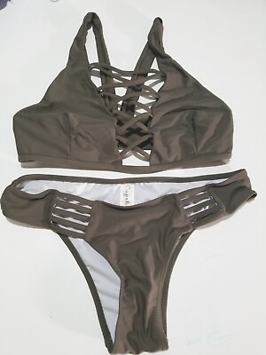 #ad Olive Green Cheeky Cutout Halter Bikini Set Size Small 394 $14.99