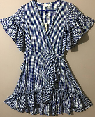 #ad Max Studio Wrap Ruffle Boho Dress Short Sleeve Checks Blue White Sz XS NWT $34.97