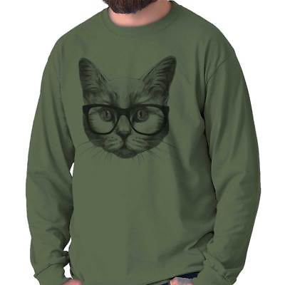 Cat With Glasses Portrait Meme Kitty Humor Long Sleeve Tshirt for Men or Women $11.99