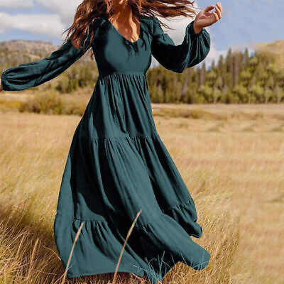 #ad #ad Long Sleeve V Neck Maxi Dress Ladies Baggy Holiday Swing Dresses Casual Womens $31.23