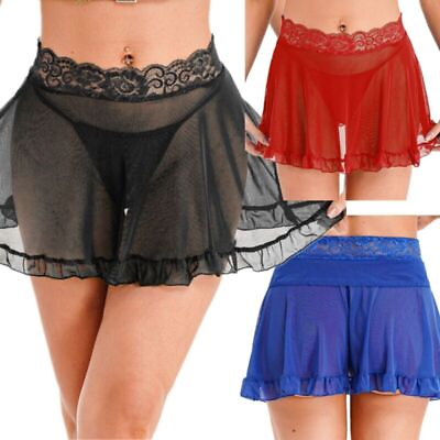 #ad Women#x27;s See through Mesh Mini Skirt Lingerie Lace High Waist Cover Ups G String GBP 7.99