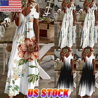 Womens Boho Floral Long Maxi Dress Ladies Cami Holiday Cold Shoulder Sundress US $17.38