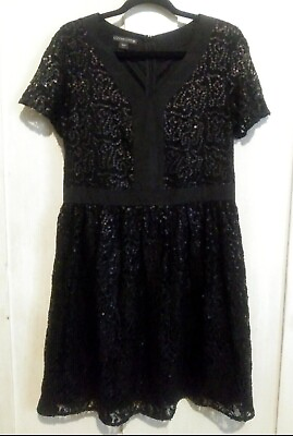 #ad Gorgeous Black Sequin Covington Short Sleeve V Neck Cocktail Party Dress 12 $24.99
