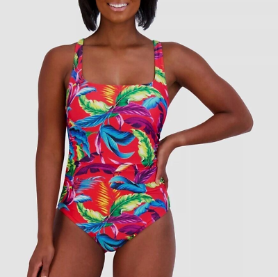 #ad Caribbean Joe Women#x27;s Size 16 Shirred One Piece Swimsuit in Coral Tropical Print $45.00