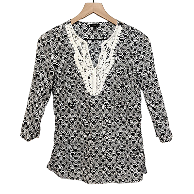 #ad Talbots Petites Womens Boho Tunic Top Size P Black White Crochet Lace 3 4 Sleeve $25.88