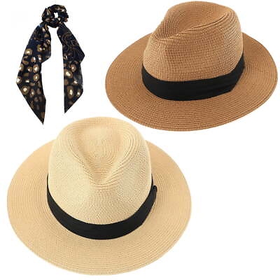 Panama Beach Hat for Women 2 Pack Wide Brim Straw Hat for Summer Sun Beach $12.99