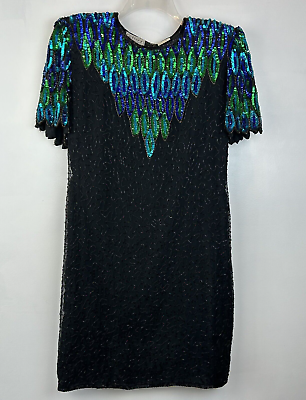 #ad Vtg 80 Stenay Women Black Silk Sequin Bead Cocktail Dress Sz 12 P Evening Read $139.99
