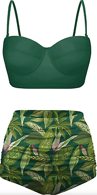 #ad Women#x27;s Two Piece High Waisted Padded Swimsuit Set Size M Green NEW MSRP $89 $16.99