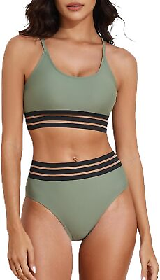 #ad Fanuerg Women#x27;s High Waisted Bikini Sets Scoop Neck Mesh Striped Two Piece Swims $33.14