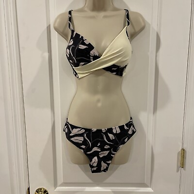 #ad #ad New Size L Color Blocking Black 2Pc Swimsuit Padded Bikini Cheeky Push Up $25.79