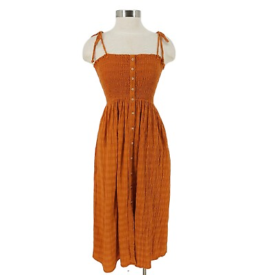 #ad Aerie Fit Flare Midi Dress Burned Orange Sleeveless Smocked Button Sundress XS $24.95
