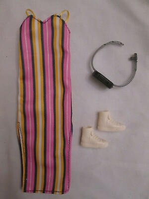 #ad Barbie Fashionistas # 135 Doll Outfit Striped Maxi Dress Shoes Fanny Pack Petite $14.00