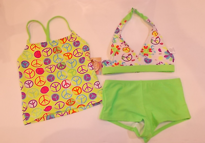 #ad OP Girls Size 6 6X Green Peace Sign 3 Piece Bikini Tankini Swimsuit Set $14.24