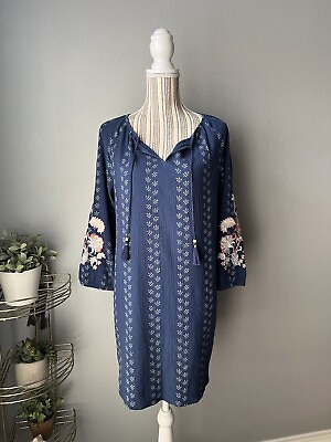 #ad J. JILL Long Tunic Peasant Boho Dress SMALL Blue Floral 3 4 Sleeves Hippie $19.99