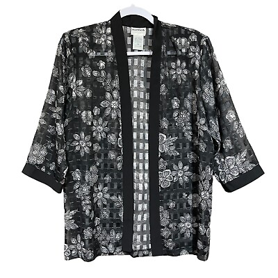 BonWorth Womens Kimono Size XS Black Gray Metallic Floral Print Sheer Open Front $19.95