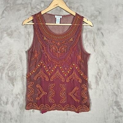 #ad Sundance Lace Boho Tank Top Womens Size Medium Red Embroidered $22.00