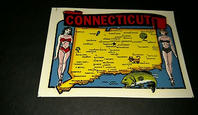 #ad Vintage Flex Cote car window luggage decal label Connecticut girls in bikini map $9.99