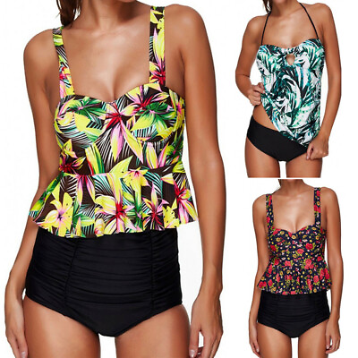 #ad Women#x27;s Halter Floral Tankini Push Up Padded Swimsuit Bikini Sets Beach Swimwear $32.58