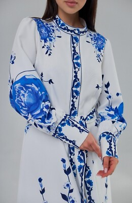 #ad White A Line Midi Dress with Floral Print Long Sleeves Full Button Front $113.40