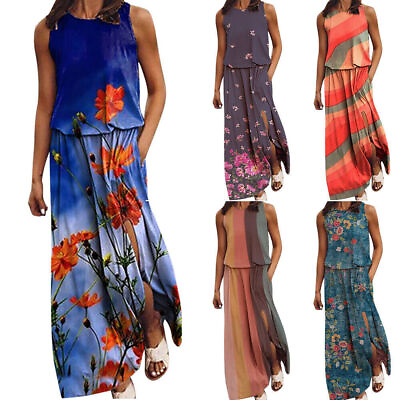 Womens Floral Print Sleeveless Long Dress Holiday Beach Summer Maxi Dresses $17.57