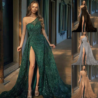 #ad Women#x27;s Oblique Shoulder Slit Long Toasting Dress Sequin Halter Evening Dress $48.99