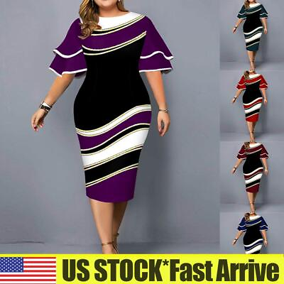 #ad Plus Size Womens Ruffle Short Sleeve Print Bodycon Dress Cocktail Party Dresses $29.39