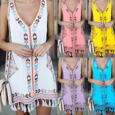 #ad Lady Summer Sleeveless V Neck Dress Holiday Beach Boho Tassel Sundress Plus Size $15.29