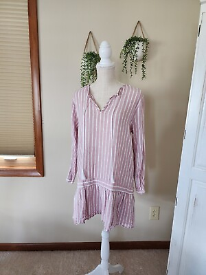 #ad Rails Lydia LINEN Blend Striped Spring Summer Dress LONG Sleeve MEDIUM Rose $35.00