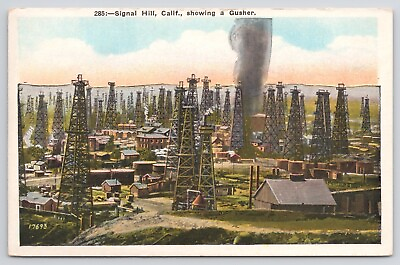 #ad Long Beach California Signal Hill Oil Gusher White Border Postcard $6.00