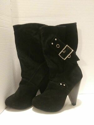 #ad Qupid Womens Boots Black Mid Calf Buckle Round Toe 6 New Factory Second $9.00