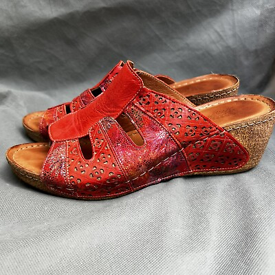 #ad Spring Step Size 41 Red Wedge Heels Sandals Leather Boho Shoes Artsy US 9.5 10 $35.00