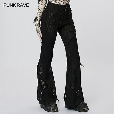 PUNK RAVE Women Black Slim Mesh Splicing Lace Pants Gothic Flared Long Trousers $102.99