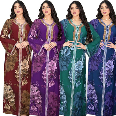 #ad Muslim Women Floral Print Kaftan Abaya Long Robes Rhinestone Turkey Maxi Dresses AU $69.74