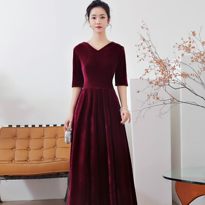 #ad Lady Velvet Maxi Dress Long Sleeve Pleated Cocktail Formal Evening Elegant Retro $41.79