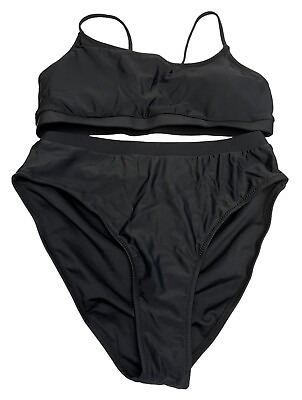 #ad Ladies M Black 2 Piece Bikini Brief Bottoms Swimsuit Padded Top Adjustable NWT $10.19