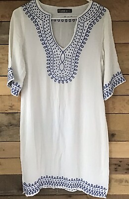 #ad PARADISE Womens Large White With Blue Embroidery Swimsuit Cover Up Soft Cotton $14.99