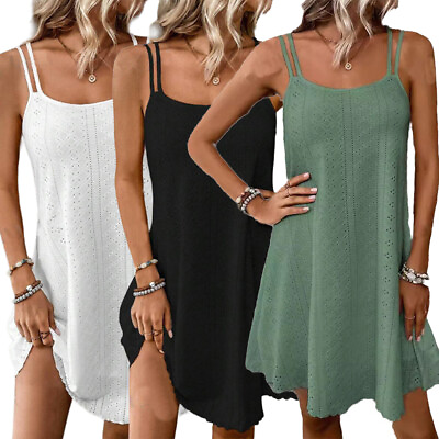 #ad Women#x27;s Summer Loose Strappy A line Dress Sleeveless Holiday Beach Mini Sundress $7.49