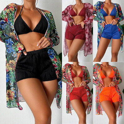 #ad Stylish women 3 Piece Push Up Bra High Waisted Shorts Cover up Bikini Swimwear $18.99